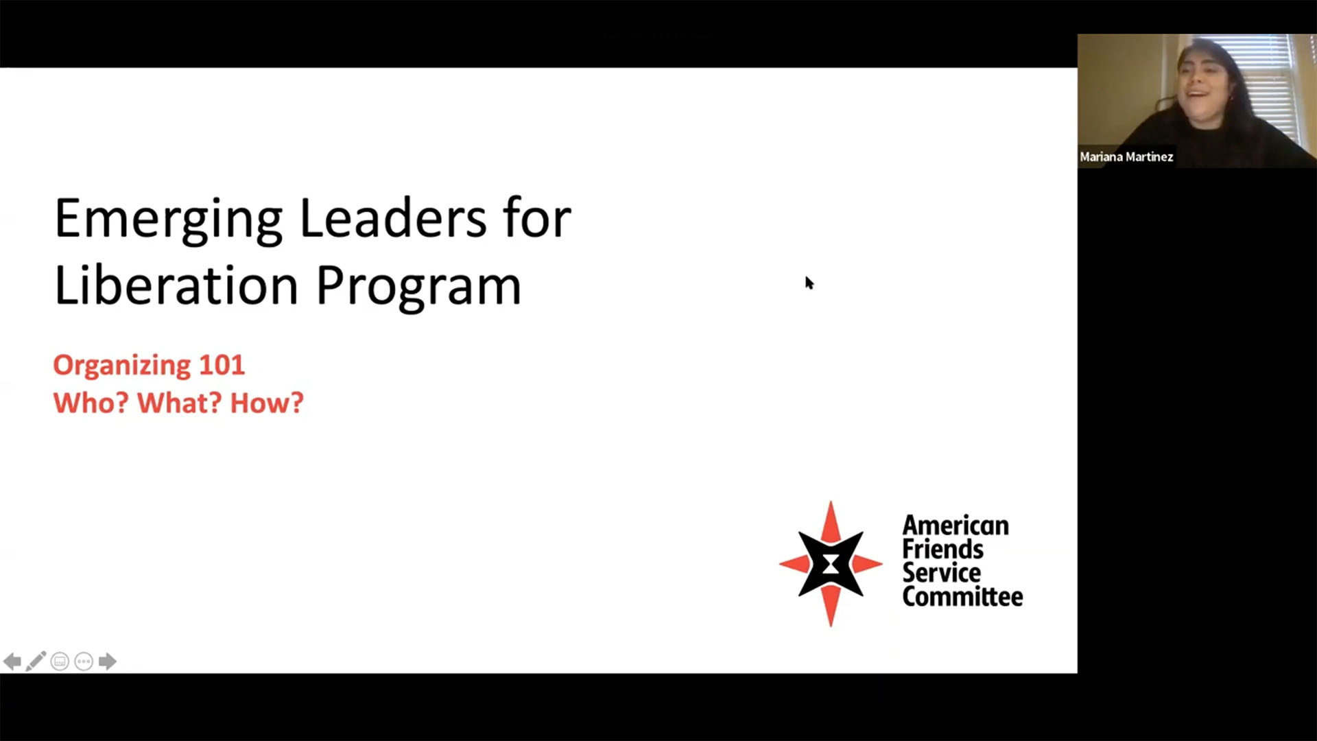 Webinar screenshot of Emerging Leaders for Liberation