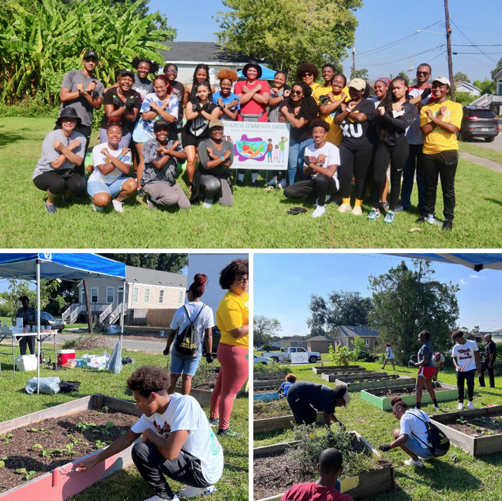 Volunteers pose for a photo and work in the garden.