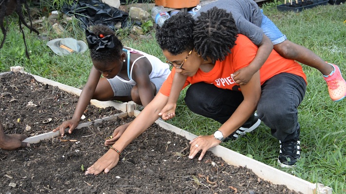 Children gardening with Tabitha Mustafa in the Hollygrove garden