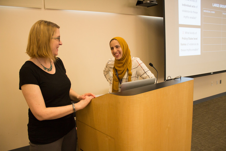 Dina and colleague during a break in their workshop at the AFSC Centennial summit in 2017. Photo by Carl Roose / AFSC.